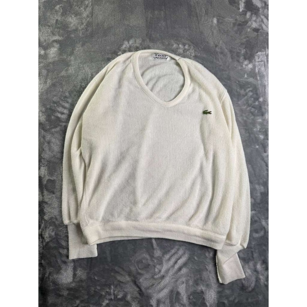 Vintage Izod Lacoste V-Neck Sweater Men L White Knit Pullover Crocodile Logo